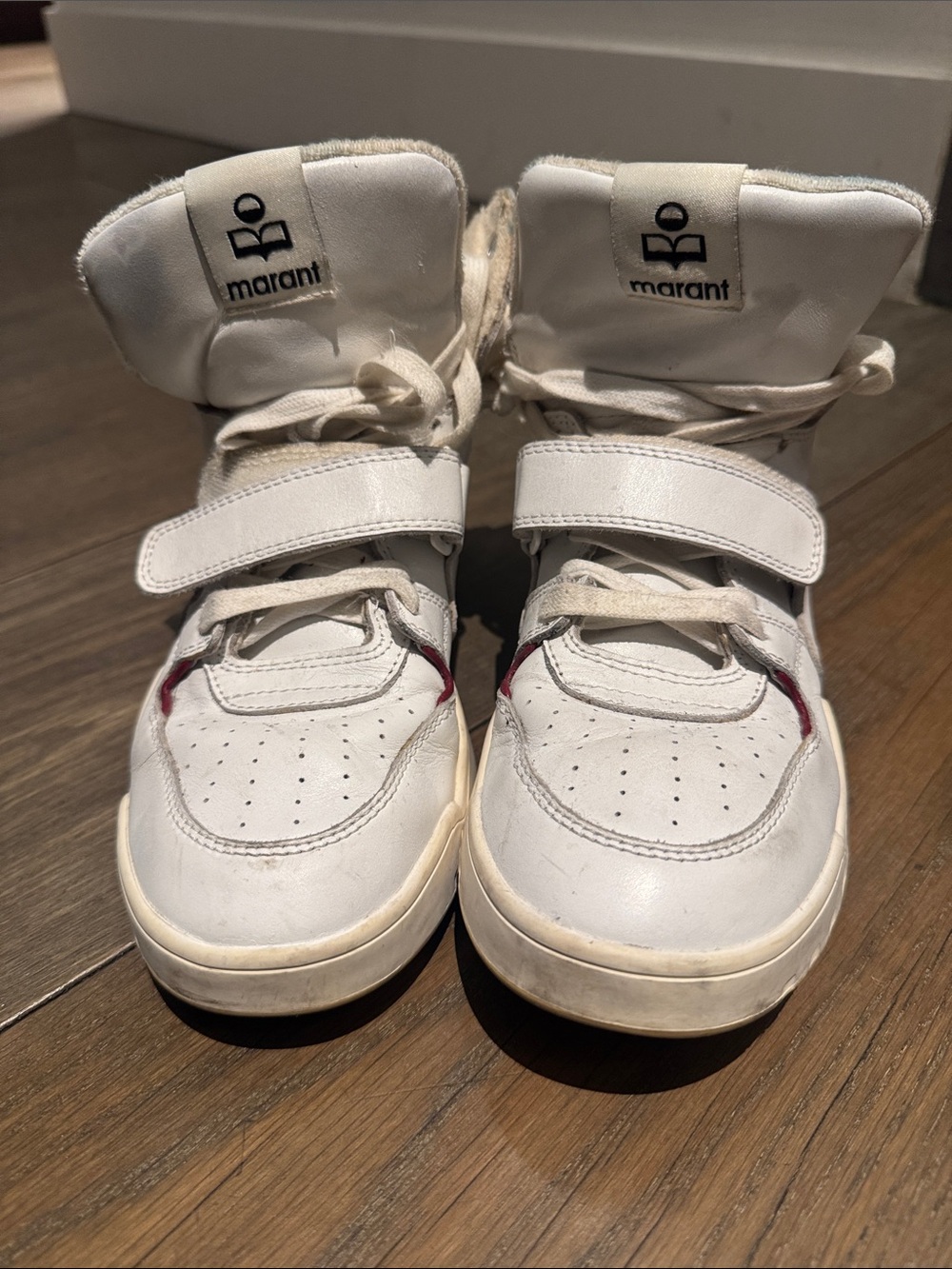 Isabel Marant White Leather High-Top Sneakers with Burgundy Detail